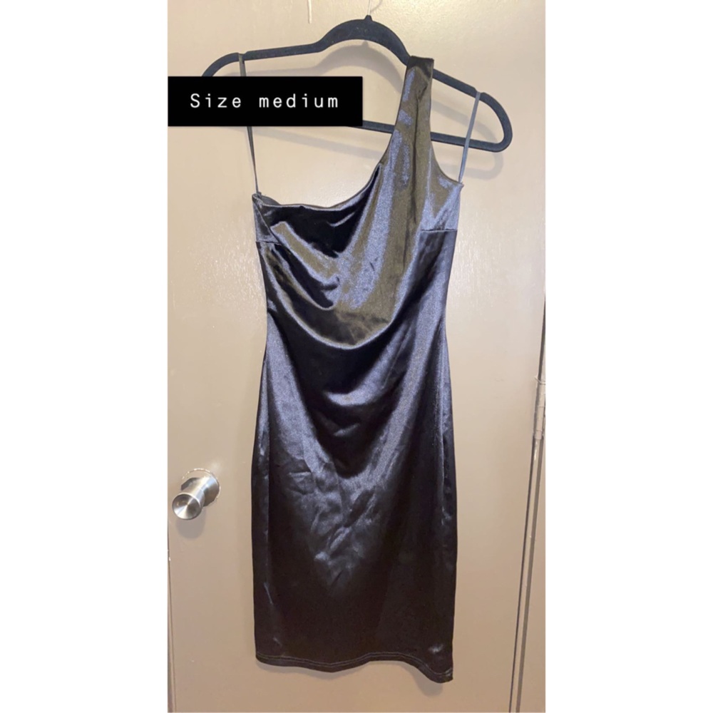 One Shoulder Black Satin Dress